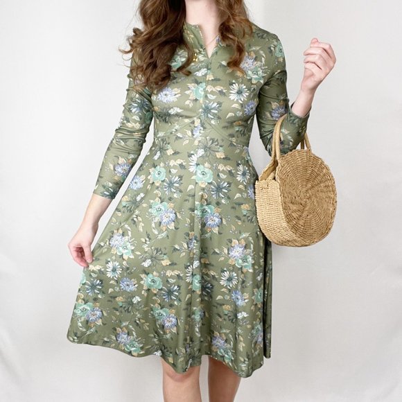 Vintage Union Made 60s 70s Floral Midi Dress Long Sleeve Fit & Flare Romantic - Picture 8 of 8